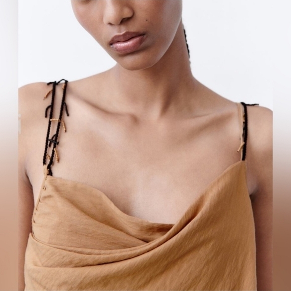 New Zara Beaded Asymmetrical Draped Tan Top NWT Sizes Medium, Large - Picture 4 of 11